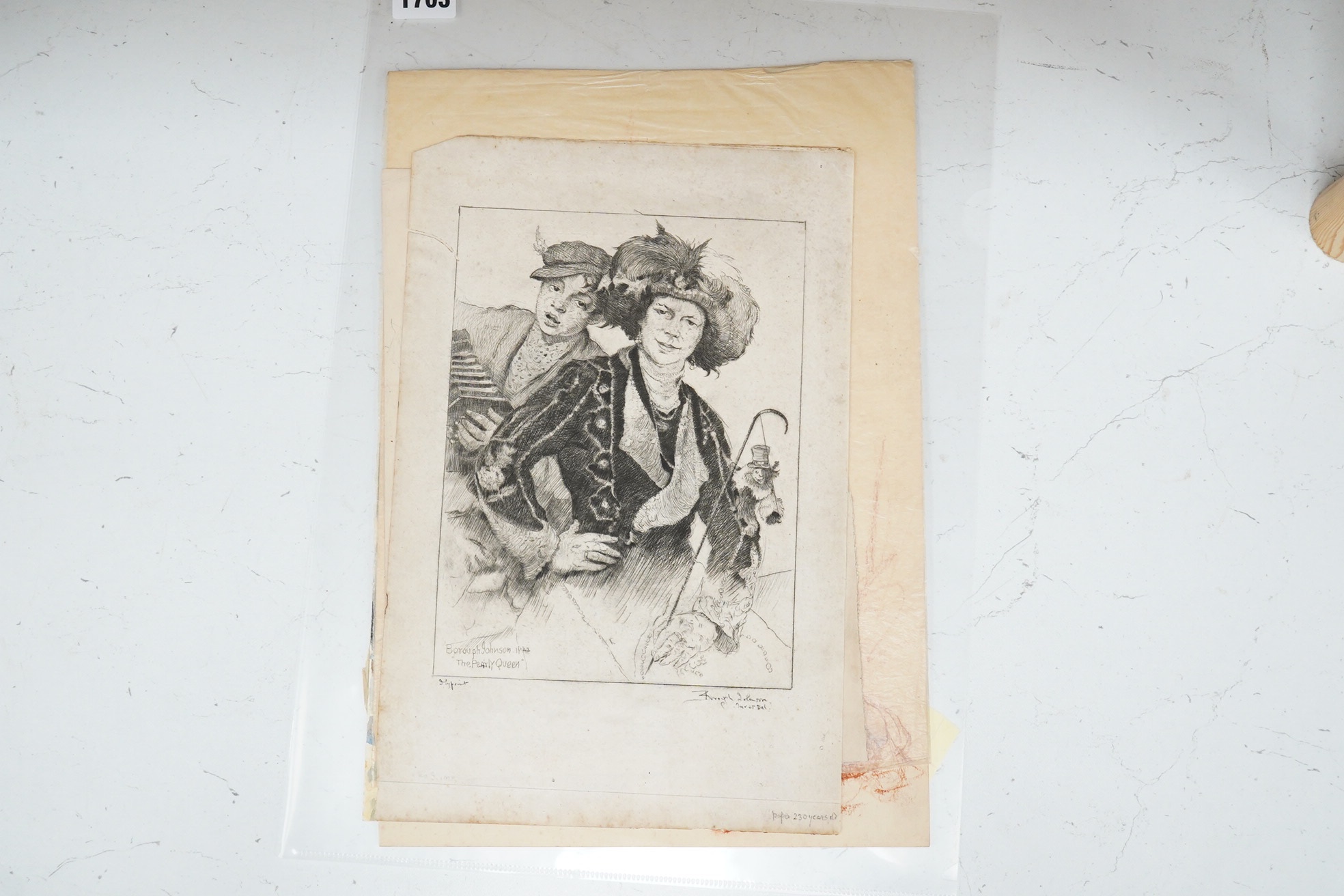 Ernest Borough Johnson (British 1867-1949), four works; The Pearly Queen, etching, 22.5 x 17cm; 'The Real Arab of Palastine...', charcoal and chalk, 29 x 22cm; Mother and child, sepia chalk, 37 x 22cm & Greek Orthodox pr